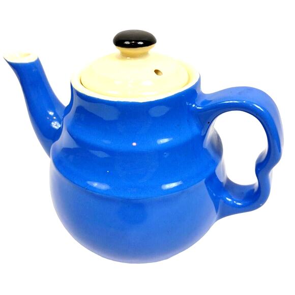 Vintage Blue Stoneware Oxford Style Teapot Made in USA 2 Ring Style 6.5" - Picture 1 of 9